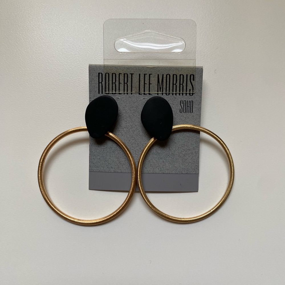 Robert Lee Morris Soho Black & Gold Hoop Drop Earrings NEW
